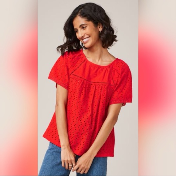 Pleione Blouse Red Orange Geometric Cap Sleeve - Picture 2 of 7